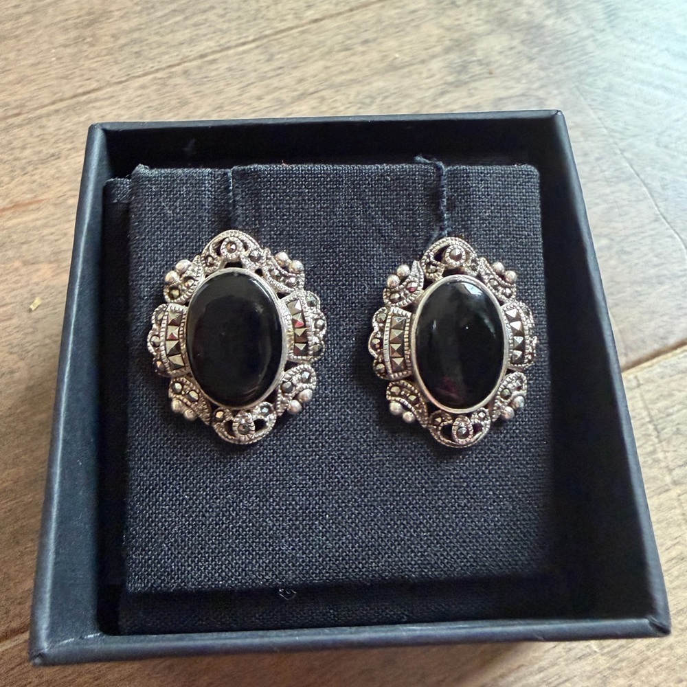 Ornate Black Agate Silver Stud Earrings
